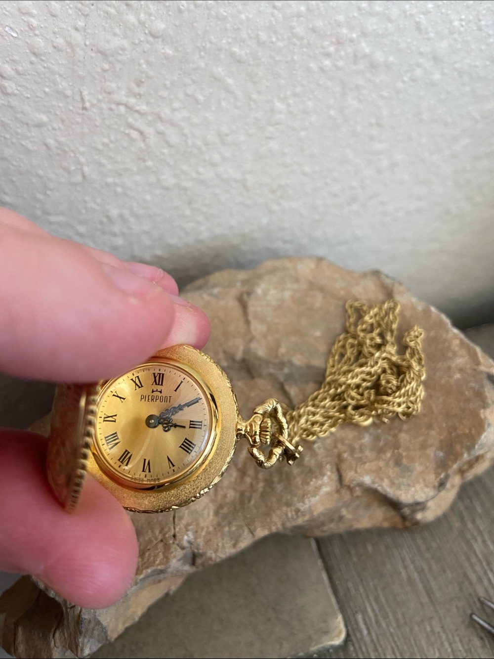 Vintage 50s Gold Tone Ornate Pierpont Swiss Made Pocket Watch Pendant with Chain